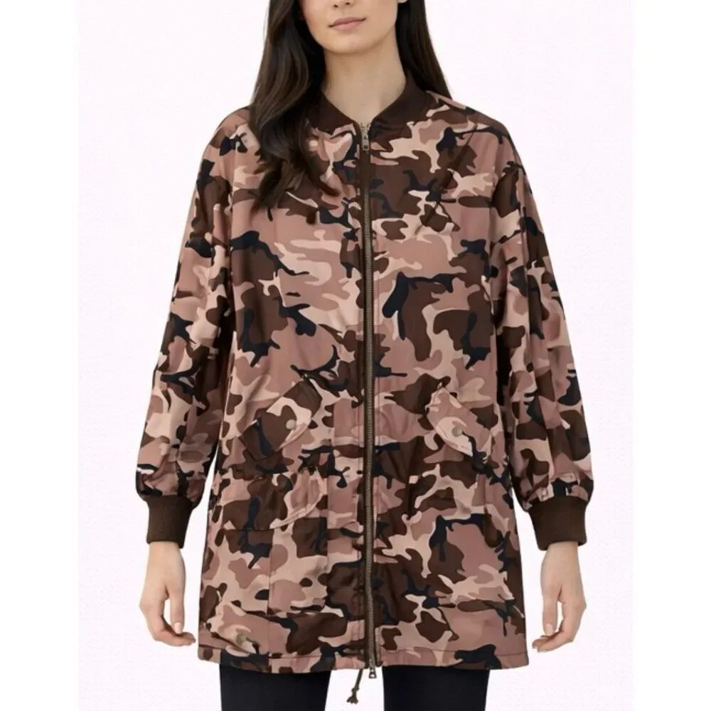 Love Tree pink brown camo long bomber jacket size large